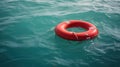 A red lifebuoy floats on the waves of the turquoise sea. Generative AI