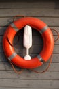 Red lifebuoy hanging on a wooden wall