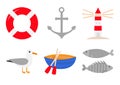 Red lifebuoy ring. Ship anchor lighthouse boat albatross bird fish icon set. Life buoy round circle for safety at sea ocean water. Royalty Free Stock Photo