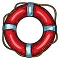 Red lifebuoy with rope isolated sketch. Hand drawn life ring in engraving style. Vintage illustration Royalty Free Stock Photo