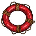 Red lifebuoy with rope isolated sketch. Hand drawn life ring in engraving style Royalty Free Stock Photo