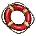 Red lifebuoy with rope isolated sketch. Hand drawn life ring in engraving style Royalty Free Stock Photo