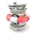 Red lifebuoy saving money, roll dollars. 3D render Royalty Free Stock Photo
