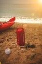 Red lifeguard equipment on beach at sunny day Royalty Free Stock Photo