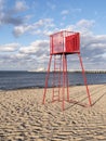 Red Lifeguard observation tower station in Poland Royalty Free Stock Photo