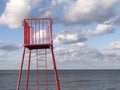 Red Lifeguard observation tower station in Poland Royalty Free Stock Photo