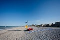 Red lifeguard rescue boat on beach of Adriatic sea Porto Sant Elpidio, Italy Royalty Free Stock Photo