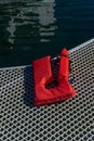 Red lifevest in the dock in the marina in Friday Harbour in San Juan Islands