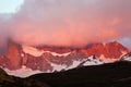 The red light on the mountain in the cloud.