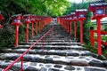 Red light poles continued staircase entrance to Kibune-jinja shrine.