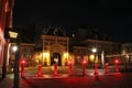 Red lighted barriers to protect the government center named Binnenhof in the city center of THe Hague in the Netherlands