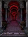 Red-lighted temple interior