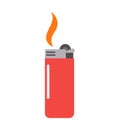 Red lighter with burning flame. Lighter on a white background. Lighter vector icon in flat cartoon style, for web design Royalty Free Stock Photo
