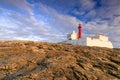 Red lighthouse on costal landscape