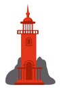 Red lighthouse icon isolated at white, navigation building for ships, cartoon vector lighthouse