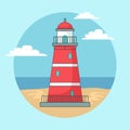 Red lighthouse on ocean or sea beach landscape with blue sky cartoon background vector illustration Royalty Free Stock Photo