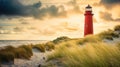 red lighthouse at ocean or sea shore at sunny day, cloudy sky and sunset Royalty Free Stock Photo