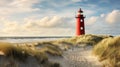 red lighthouse at ocean or sea shore at sunny day, cloudy sky and sunset Royalty Free Stock Photo