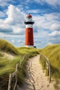 red lighthouse at ocean or sea shore at sunny day, cloudy sky and sunset Royalty Free Stock Photo