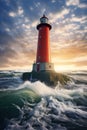 red lighthouse at ocean or sea shore at sunny day, cloudy sky and sunset Royalty Free Stock Photo