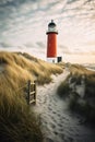 red lighthouse at ocean or sea shore at sunny day, cloudy sky and sunset Royalty Free Stock Photo