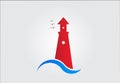 Red Lighthouse and swirly waves icon logo vector Royalty Free Stock Photo