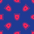 Red Lightning and shield icon isolated seamless pattern on blue background. High voltage shield. Safe energy. Vector Royalty Free Stock Photo