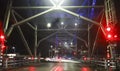 Red ligths at the vertical lift bridge (Hefbrug) Waddinxveen in the evening Royalty Free Stock Photo