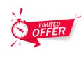 Red limited offer with clock for promotion, banner, price. Label countdown of time for offer sale or exclusive deal.Alarm clock Royalty Free Stock Photo
