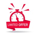 Red limited offer with clock for promotion, banner, price. Label countdown of time for offer sale or exclusive deal.Alarm clock Royalty Free Stock Photo