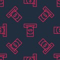 Red line ATM - Automated teller machine and money icon isolated seamless pattern on black background. Vector Royalty Free Stock Photo