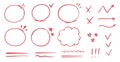 Red line check mark, underline, circle. Hand drawn doodle sketch red marker stroke emphases, highlight, check mark Royalty Free Stock Photo