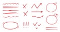 Red line check mark, underline, circle. Hand drawn doodle sketch red marker stroke emphases, highlight, check mark Royalty Free Stock Photo