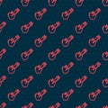 Red line Genetically modified apple icon isolated seamless pattern on black background. GMO fruit. Syringe being