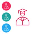 Red line Graduate and graduation cap icon isolated on white background. Set icons in circle buttons. Vector Royalty Free Stock Photo