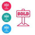 Red line Hanging sign with text Sold icon isolated on white background. Sold sticker. Sold signboard. Set icons in Royalty Free Stock Photo