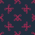 Red line Ice hockey sticks and puck icon isolated seamless pattern on black background. Game start. Vector Royalty Free Stock Photo