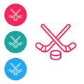 Red line Ice hockey sticks and puck icon isolated on white background. Game start. Set icons in circle buttons. Vector Royalty Free Stock Photo