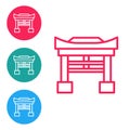 Red line Japan Gate icon isolated on white background. Torii gate sign. Japanese traditional classic gate symbol. Set Royalty Free Stock Photo