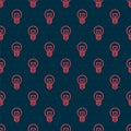 Red line Light bulb with concept of idea icon isolated seamless pattern on black background. Energy and idea symbol Royalty Free Stock Photo