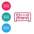 Red line Music synthesizer icon isolated on white background. Electronic piano. Set icons in circle buttons. Vector Royalty Free Stock Photo