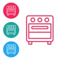 Red line Oven icon isolated on white background. Stove gas oven sign. Set icons in circle buttons. Vector Royalty Free Stock Photo