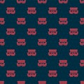 Red line Passenger train cars toy icon isolated seamless pattern on black background. Railway carriage. Vector Royalty Free Stock Photo