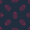 Red line Price tag with dollar icon isolated seamless pattern on black background. Badge for price. Sale with dollar