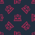 Red line Railway station icon isolated seamless pattern on black background. Vector Royalty Free Stock Photo