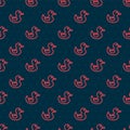 Red line Rubber duck icon isolated seamless pattern on black background. Vector