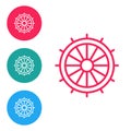 Red line Ship steering wheel icon isolated on white background. Set icons in circle buttons. Vector Royalty Free Stock Photo