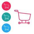 Red line Shopping cart icon isolated on white background. Food store, supermarket. Set icons in circle buttons. Vector Royalty Free Stock Photo