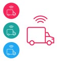 Red line Smart delivery cargo truck vehicle with wireless connection icon isolated on white background. Set icons in Royalty Free Stock Photo