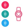 Red line Smart watch showing heart beat rate icon isolated on white background. Fitness App concept. Set icons in circle Royalty Free Stock Photo